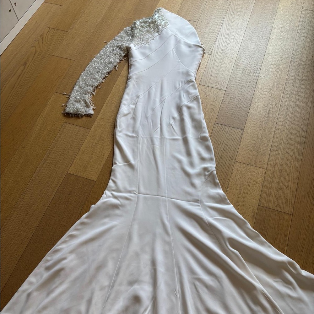 Exceptional White Beaded One-Sleeve Wedding Dress